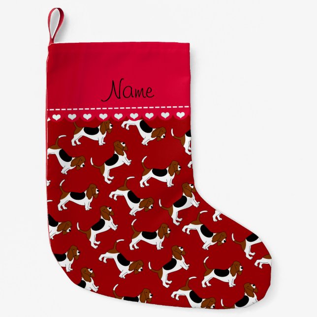 Personalised name red basset hound dogs small christmas stocking (Front)