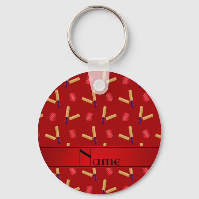 Personalised name red cricket pattern key ring (Front)