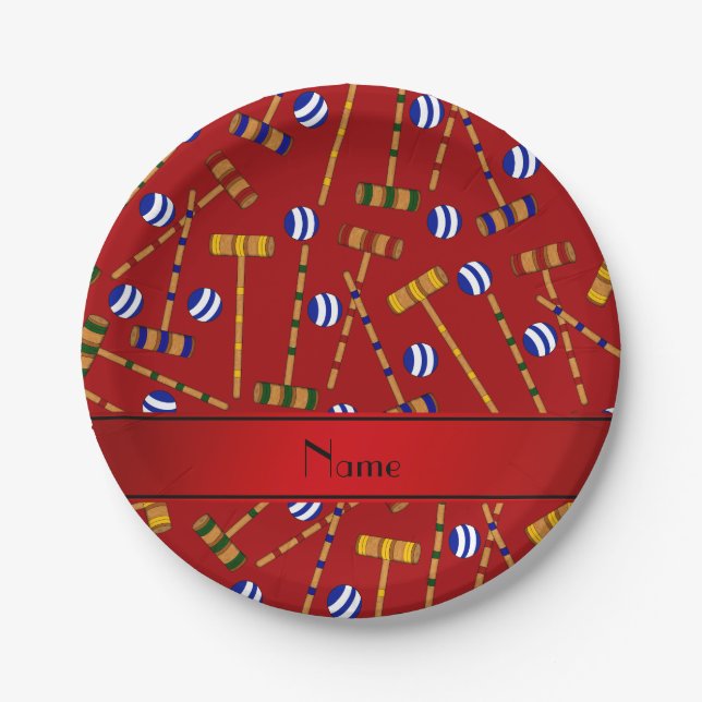 Personalised name red croquet pattern paper plate (Front)
