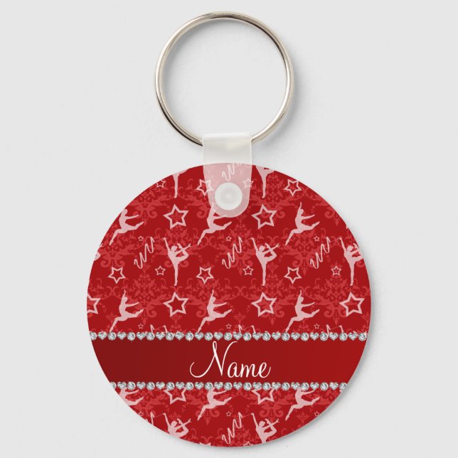 Personalised name red damask gymnastics key ring (Front)