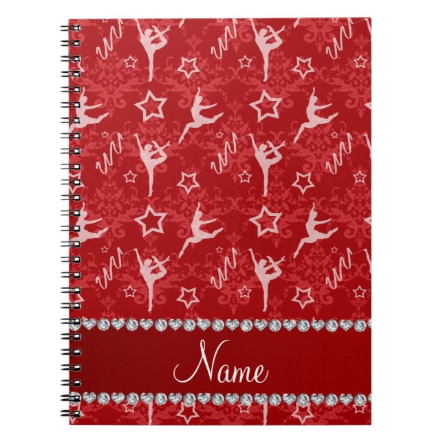 Personalised name red damask gymnastics spiral notebook (Front)
