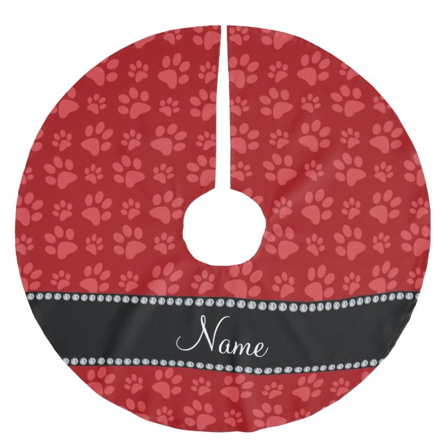 Personalised name red dog paw prints brushed polyester tree skirt (Front)