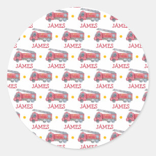 Personalised Name Red Fire truck Party Classic Round Sticker