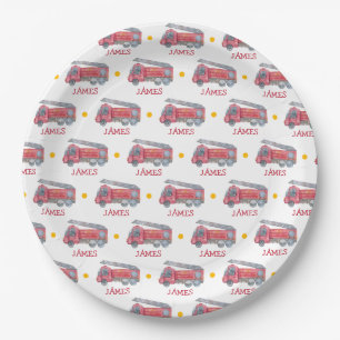 Personalised Name Red Fire truck Party Paper Plate