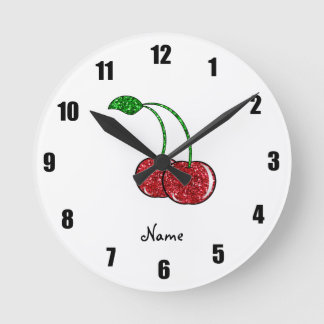 Personalised name red glitter cherry round clock