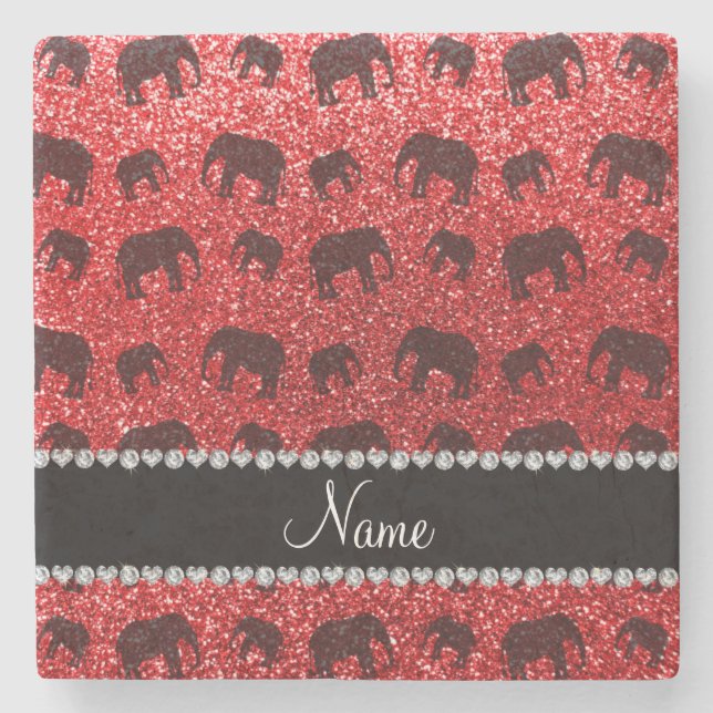 Personalised name red glitter elephants stone coaster (Front)