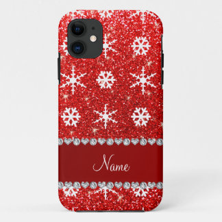 Personalised name red glitter white snowflakes iPhone 11 case