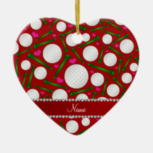 Personalised name red golf balls tees hearts ceramic tree decoration