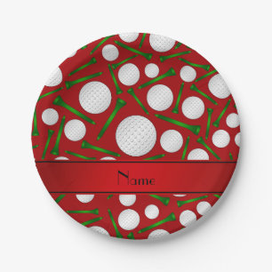 Personalised name red golf balls tees paper plate