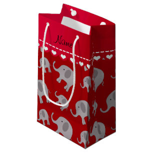 Personalised name red grey elephants small gift bag