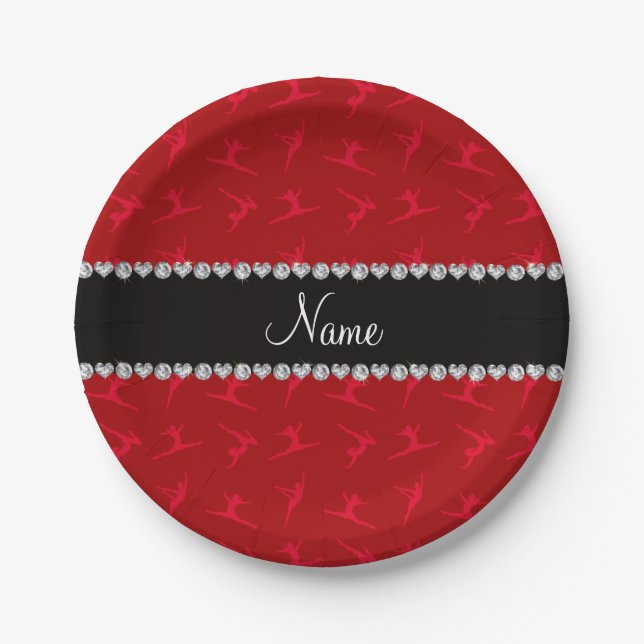 Personalised name red gymnastics pattern paper plate (Front)