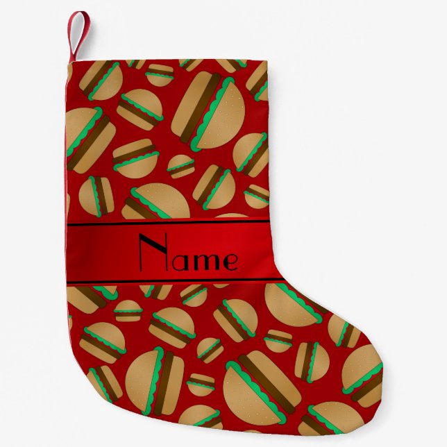 Personalised name red hamburger pattern small christmas stocking (Front)