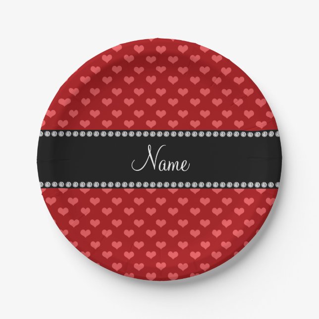 Personalised name red hearts paper plate (Front)