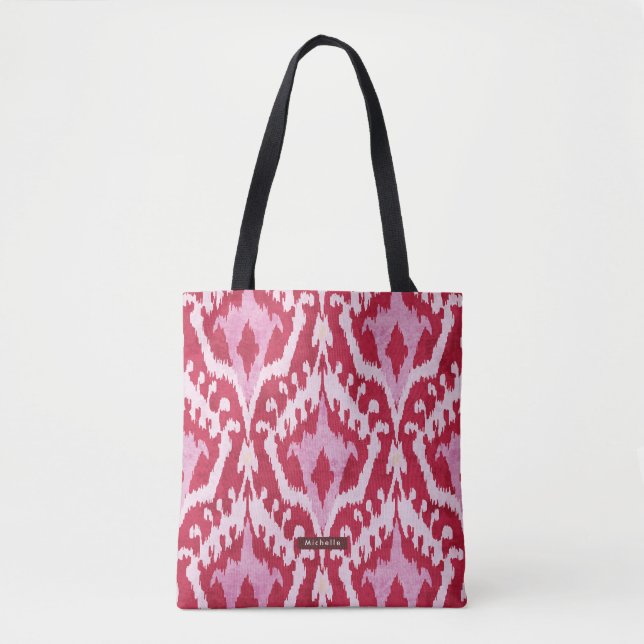Personalised Name red Ikat Pattern Bridesmaid Tote Bag (Front)