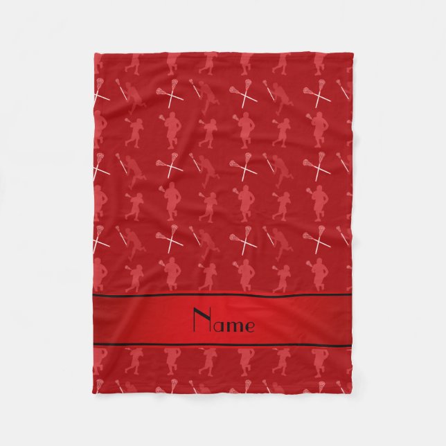 Personalised name red lacrosse silhouettes fleece blanket (Front)