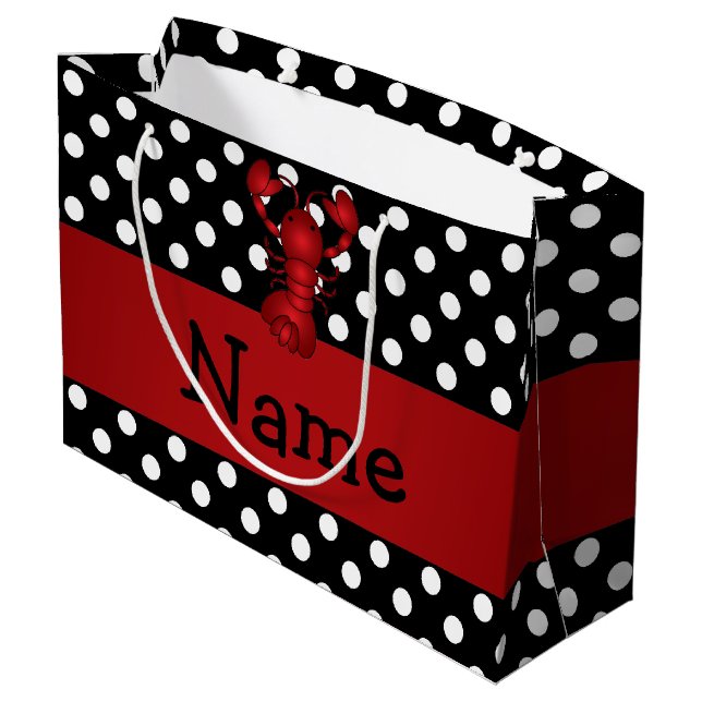 Personalised name red lobster black polka dots large gift bag (Back Angled)