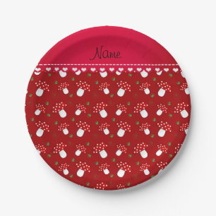 Personalised name red mushrooms paper plate