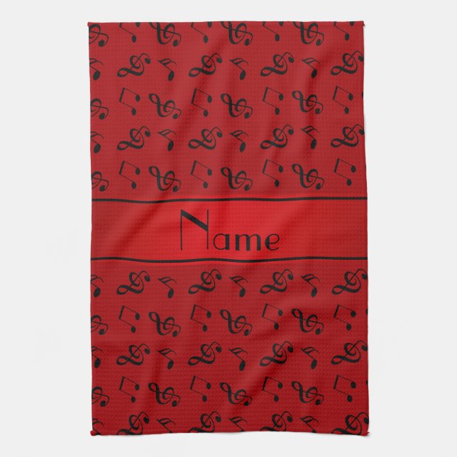 Personalised name red music notes tea towel (Vertical)