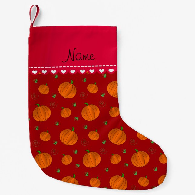 Personalised name red orange pumpkins small christmas stocking (Front)