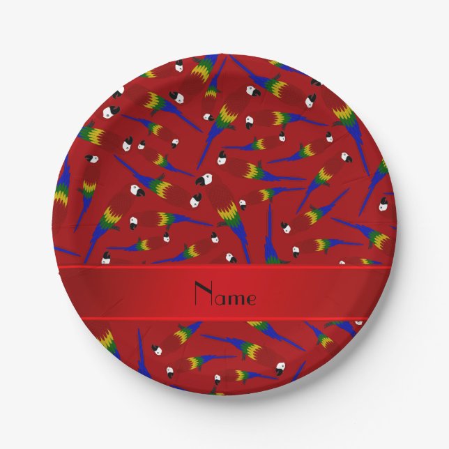Personalised name red parrots paper plate (Front)
