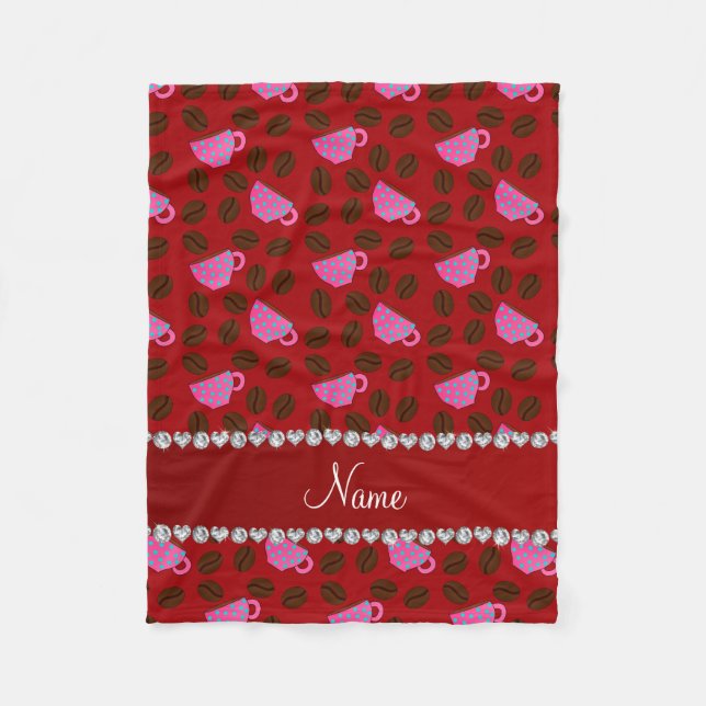 Personalised name red pink coffee cups beans fleece blanket (Front)