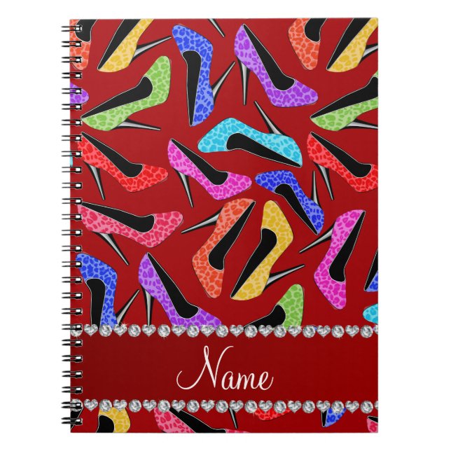 Personalised name red rainbow leopard high heels notebook (Front)