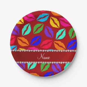 Personalised name red rainbow lipstick kisses paper plate