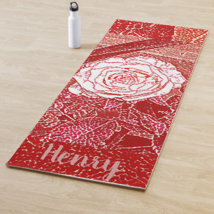 Personalised Name Red Rose Floral Watercolor Art Yoga Mat