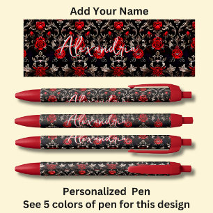 Personalised Name, Red Roses on Red Black Ink Pen