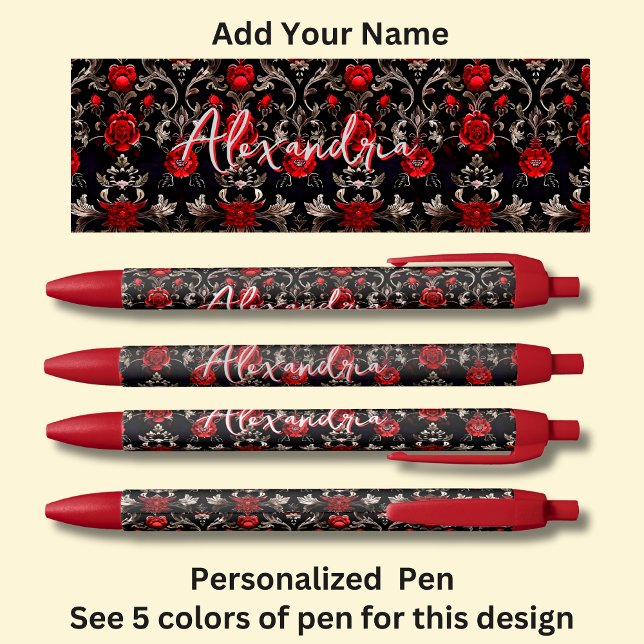 Personalised Name, Red Roses on Red Black Ink Pen (Creator Uploaded)