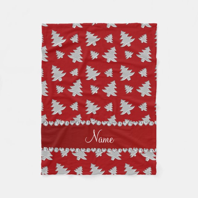 Personalised name red silver christmas trees fleece blanket (Front)