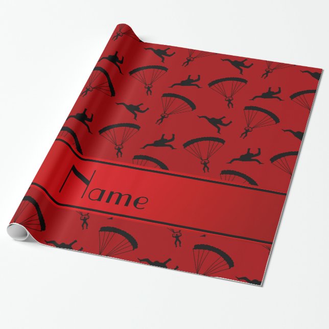 Personalised name red skydiving pattern wrapping paper (Unrolled)