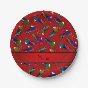 Personalised name red snowmobiles paper plate