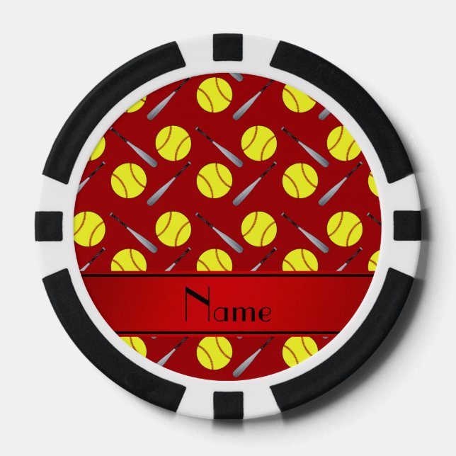 Personalised name red softball pattern poker chips (Front)