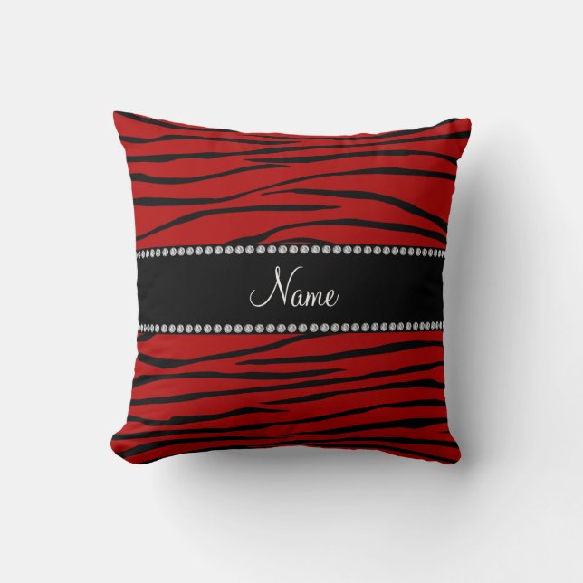 Personalised name red zebra stripes cushion (Front)