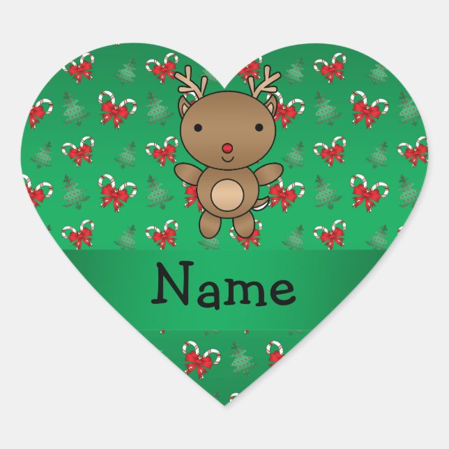 Personalised name reindeer green candy canes bows heart sticker (Front)