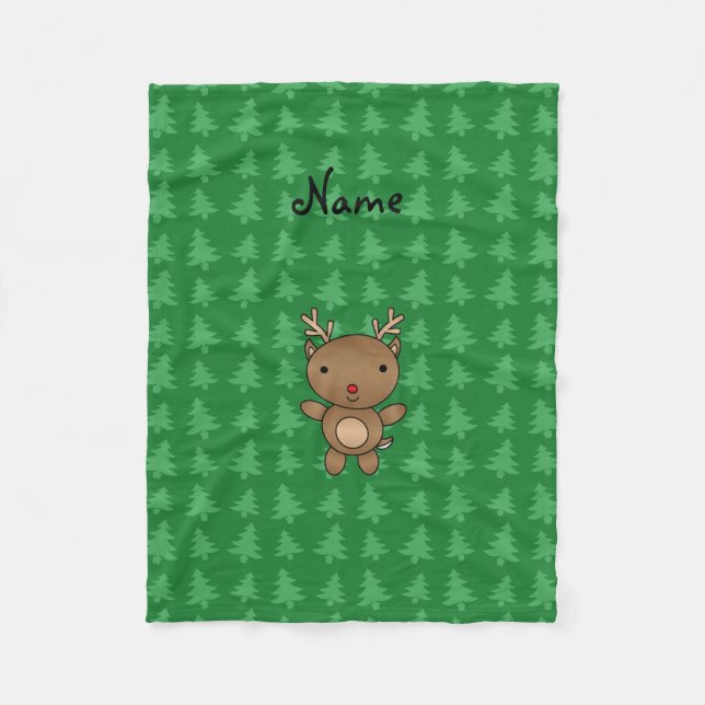 Personalised name reindeer green christmas trees fleece blanket (Front)