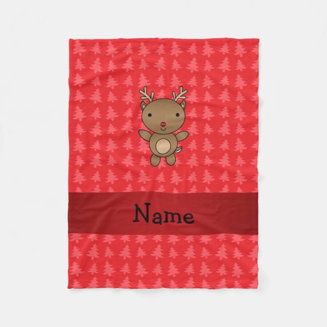 Personalised name reindeer red christmas trees fleece blanket (Front)