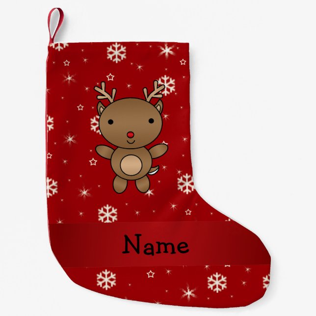 Personalised name reindeer red snowflakes small christmas stocking (Front)