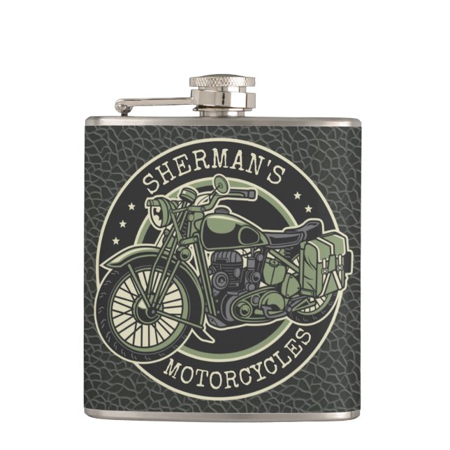 Personalised NAME Retro Military Motorcycle Biker Hip Flask (Front)