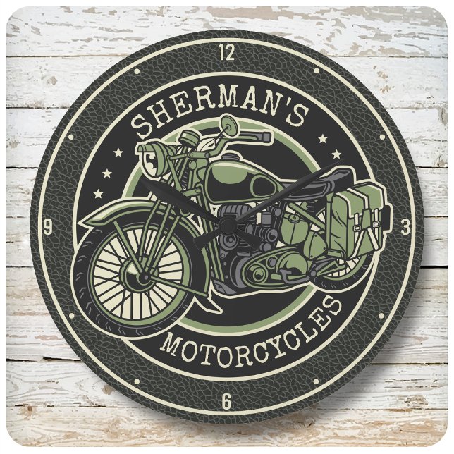 Personalised NAME Retro Military Motorcycle Biker Large Clock (Creator Uploaded)