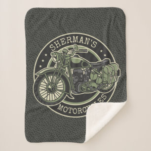 Personalised NAME Retro Military Motorcycle Biker Sherpa Blanket