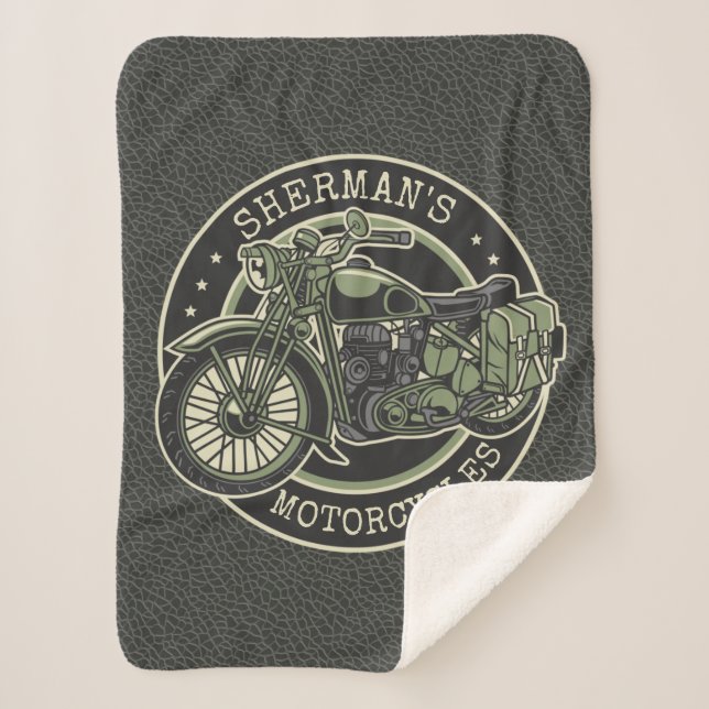 Personalised NAME Retro Military Motorcycle Biker Sherpa Blanket (Front)