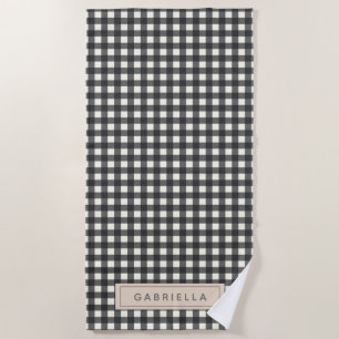 Personalised Name Retro Modern Black Gingham Plaid Beach Towel
