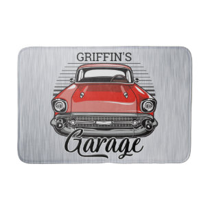 Personalised NAME Retro Red Classic Car Garage Bath Mat