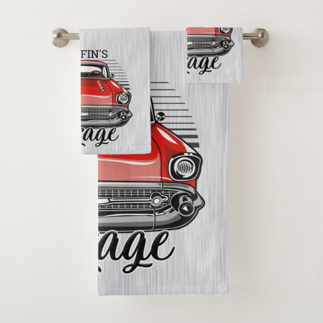 Personalised NAME Retro Red Classic Car Garage Bath Towel Set (Insitu)