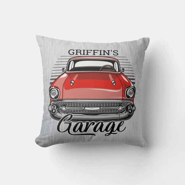 Personalised NAME Retro Red Classic Car Garage Cushion (Front)