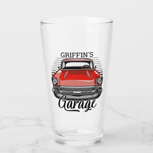 Personalised NAME Retro Red Classic Car Garage Glass (Front)