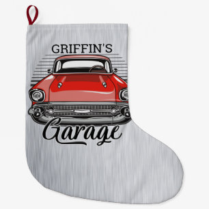 Personalised NAME Retro Red Classic Car Garage Large Christmas Stocking