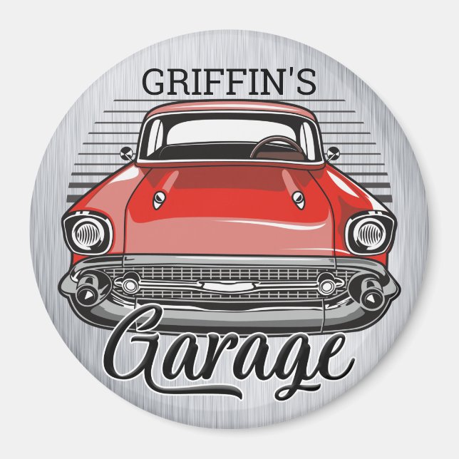 Personalised NAME Retro Red Classic Car Garage Magnet (Front)